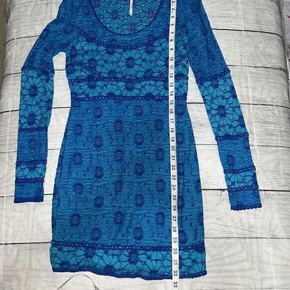 Free People Botanical Forest Long Sleeve Floral Bodycon Dress Blue Daisy sz XS - Picture 5 of 8